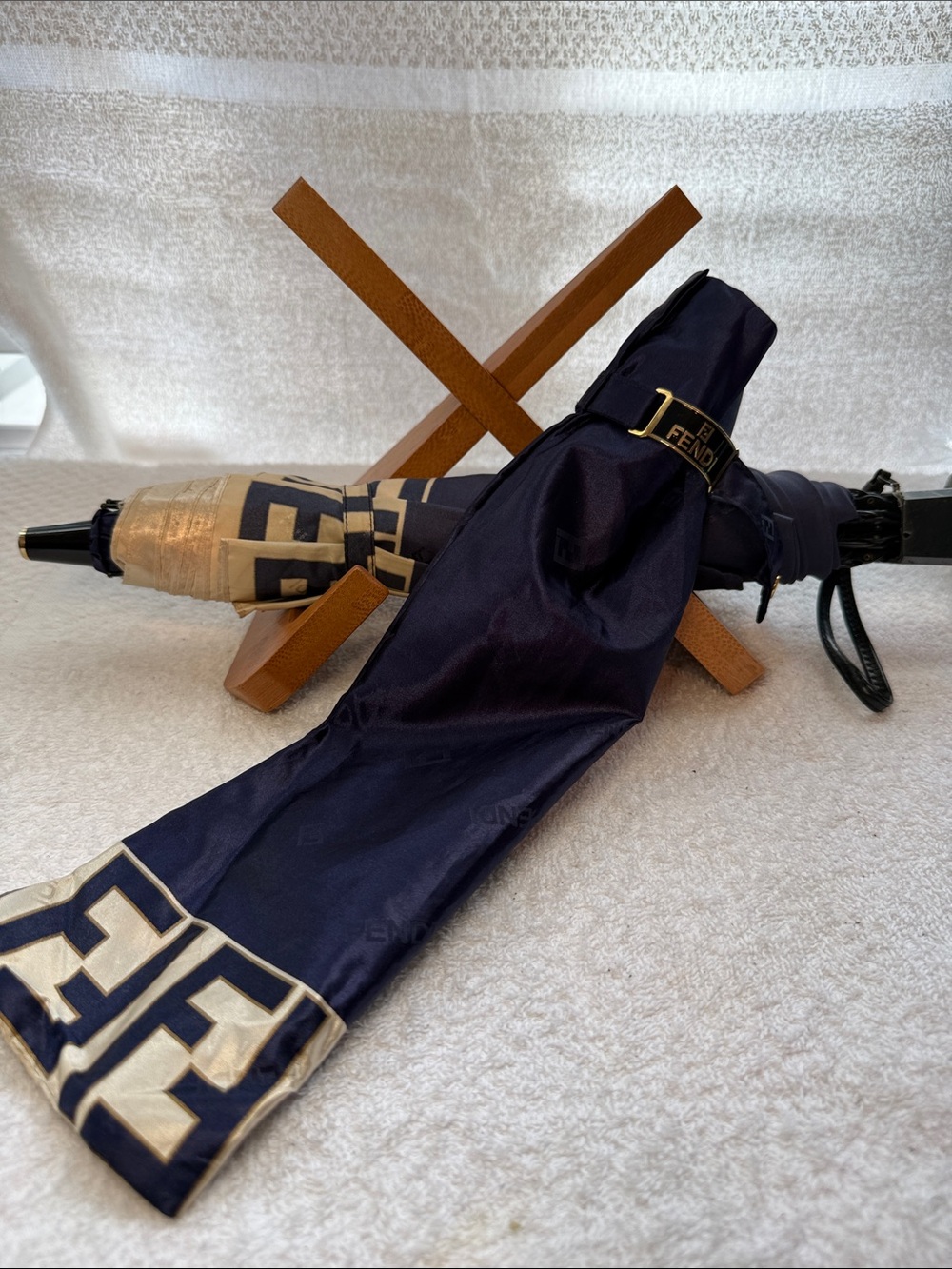 New Fendi Zucca Navy and Beige Logo Umbrella with Sleeve
